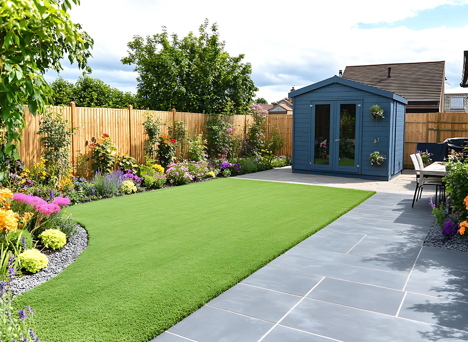 Modern low-maintenance backyard turf installation with a dark paver patio, blue shed, and vibrant flower beds by Weidner Lawnscape.
